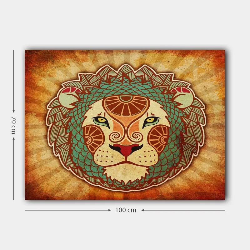 Canvastavla 70x100 cm - Stiliserad lejonhuvud med ornamentala detaljer - Orange / Grön / Beige - Inredning - Tavlor & posters - Canvastavla