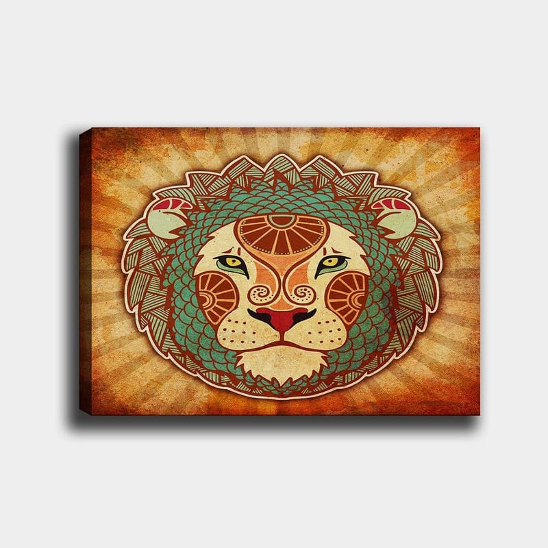 Canvastavla 70x100 cm - Stiliserad lejonhuvud med ornamentala detaljer, Orange / Grön / Beige