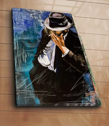 Canvastavla 70x100 cm - Stiliserad man i kostym som röker en cigarett, med en mystisk och nostalgisk atmosfär - Mörkblå / Svart / Vit - Inredning - Tavlor & posters - Canvastavla
