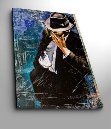 Canvastavla 70x100 cm - Stiliserad man i kostym som röker en cigarett, med en mystisk och nostalgisk atmosfär - Mörkblå / Svart / Vit - Inredning - Tavlor & posters - Canvastavla