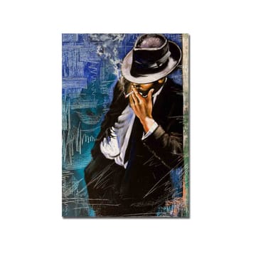 Canvastavla 70x100 cm - Stiliserad man i kostym som röker en cigarett, med en mystisk och nostalgisk atmosfär - Mörkblå / Svart / Vit - Inredning - Tavlor & posters - Canvastavla