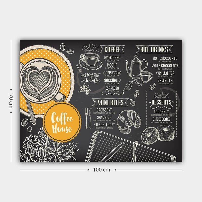 Canvastavla 70x100 cm - Stiliserad meny för ett kafé med en kopp kaffe och bakverk - Svart / Orange / Vit - Inredning - Tavlor & posters - Canvastavla