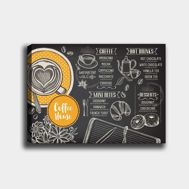 Canvastavla 70x100 cm - Stiliserad meny för ett kafé med en kopp kaffe och bakverk, Svart / Orange / Vit