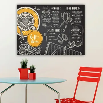 Canvastavla 70x100 cm - Stiliserad meny för ett kafé med en kopp kaffe och bakverk - Svart / Orange / Vit - Inredning - Tavlor & posters - Canvastavla
