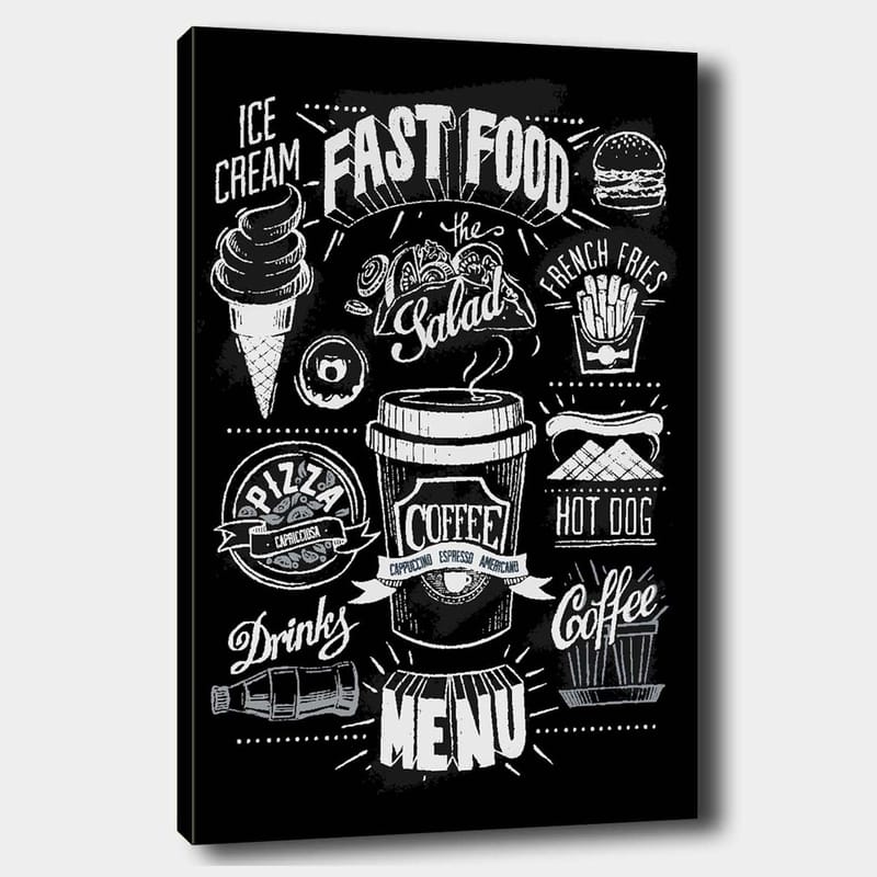 Canvastavla 70x100 cm - Stiliserad meny med olika snabbmatsrätter och drycker i svartvitt, Svart / Vitt / Grått