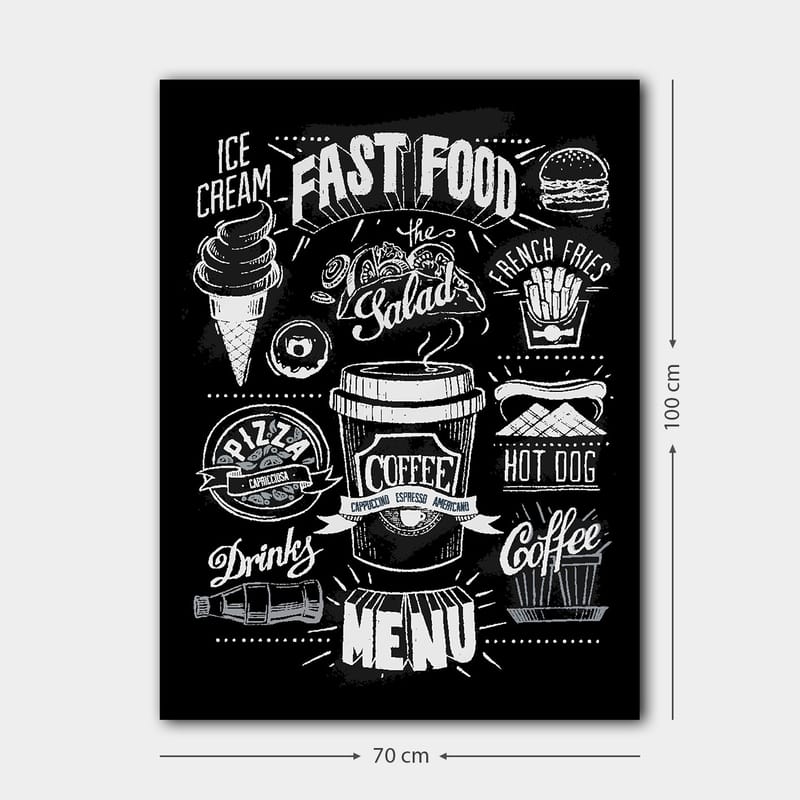 Canvastavla 70x100 cm - Stiliserad meny med olika snabbmatsrätter och drycker i svartvitt - Svart / Vitt / Grått - Inredning - Tavlor & posters - Canvastavla
