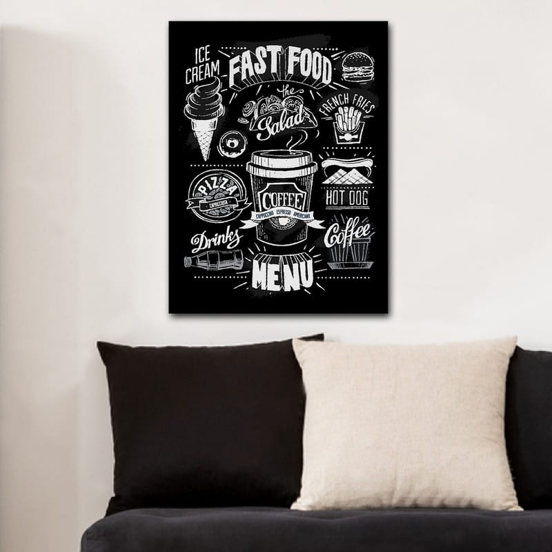Canvastavla 70x100 cm - Stiliserad meny med olika snabbmatsrätter och drycker i svartvitt - Svart / Vitt / Grått - Inredning - Tavlor & posters - Canvastavla