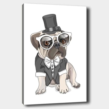 Canvastavla 70x100 cm - Stiliserad mops klädd i frack och hatt med stora glasögon - Beige / Svart / Vitt - Inredning - Tavlor & posters - Canvastavla