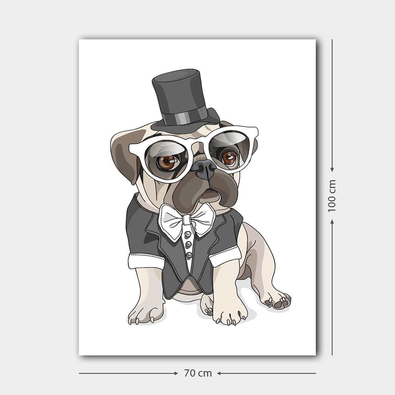 Canvastavla 70x100 cm - Stiliserad mops klädd i frack och hatt med stora glasögon - Beige / Svart / Vitt - Inredning - Tavlor & posters - Canvastavla