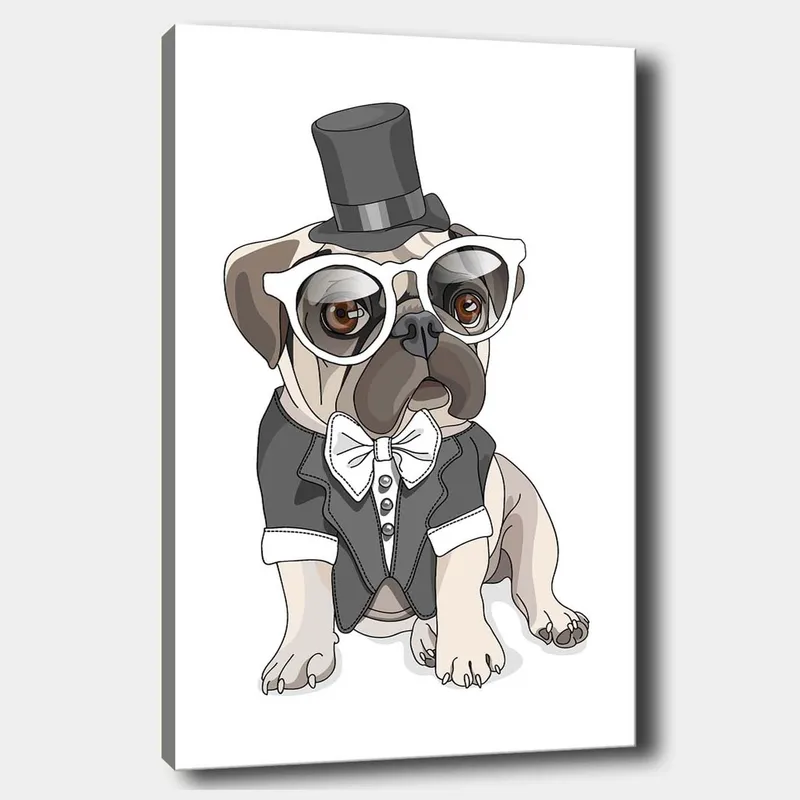 Canvastavla 70x100 cm - Stiliserad mops klädd i frack och hatt med stora glasögon, Beige / Svart / Vitt
