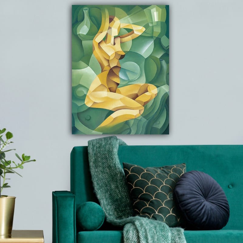 Canvastavla 70x100 cm - Stiliserad nakenfigur som sitter med en hand bakom huvudet, omgiven av organiska former - Gul / Grön - Inredning - Tavlor & posters - Canvastavla