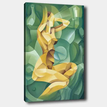 Canvastavla 70x100 cm - Stiliserad nakenfigur som sitter med en hand bakom huvudet, omgiven av organiska former - Gul / Grön - Inredning - Tavlor & posters - Canvastavla