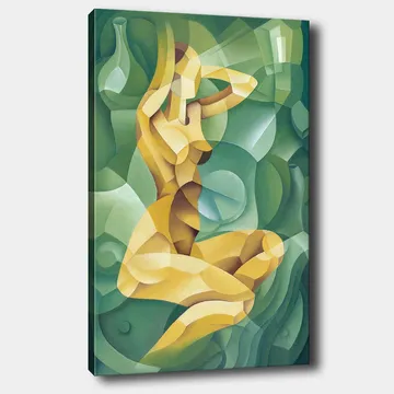 Canvastavla 70x100 cm - Stiliserad nakenfigur som sitter med en hand bakom huvudet, omgiven av organiska former - Gul / Grön - Inredning - Tavlor & posters - Canvastavla