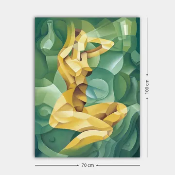 Canvastavla 70x100 cm - Stiliserad nakenfigur som sitter med en hand bakom huvudet, omgiven av organiska former - Gul / Grön - Inredning - Tavlor & posters - Canvastavla