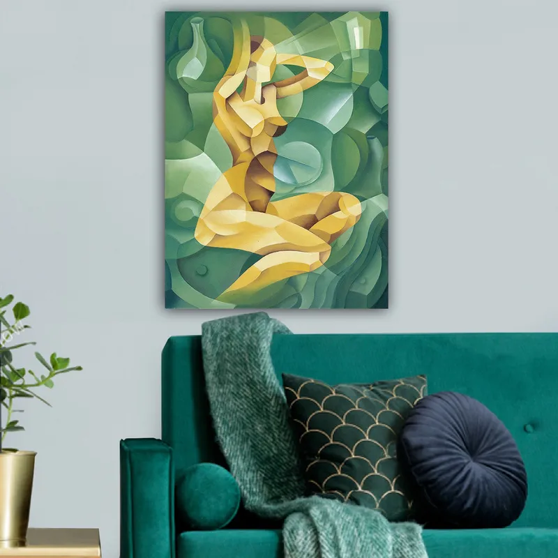 Canvastavla 70x100 cm - Stiliserad nakenfigur som sitter med en hand bakom huvudet, omgiven av organiska former - Gul / Grön - Inredning - Tavlor & posters - Canvastavla