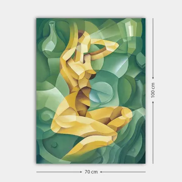 Canvastavla 70x100 cm - Stiliserad nakenfigur som sitter med en hand bakom huvudet, omgiven av organiska former - Gul / Grön - Inredning - Tavlor & posters - Canvastavla