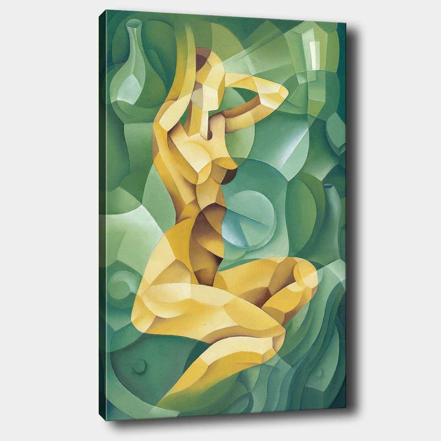 Canvastavla 70x100 cm - Stiliserad nakenfigur som sitter med en hand bakom huvudet, omgiven av organiska former - Gul / Grön