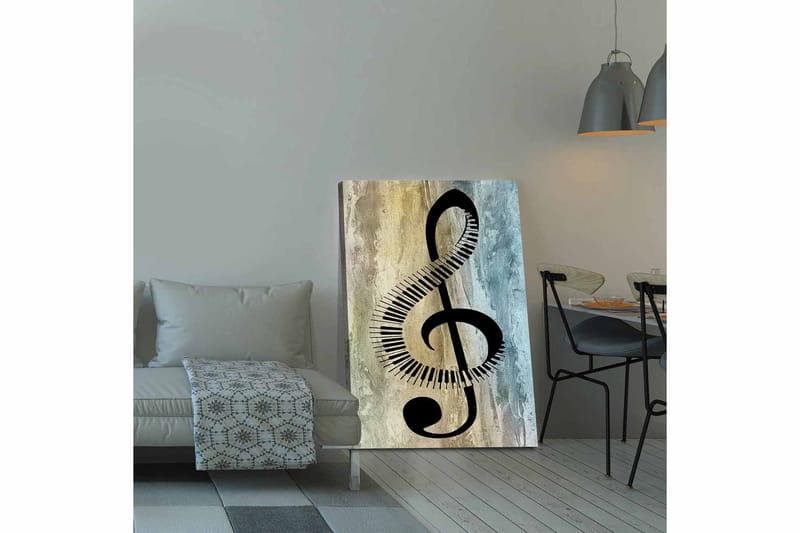 Canvastavla 70x100 cm - Stiliserad notsymbol med klaviaturdetaljer på en abstrakt bakgrund, Svart / Grå / Beige