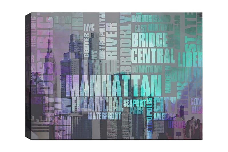 Canvastavla 70x100 cm - Stiliserad representation av Manhattan med fokus på stadens namn och ikoniska byggnader, Lila / Turkos / Grå