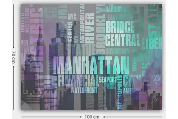 Canvastavla 70x100 cm - Stiliserad representation av Manhattan med fokus på stadens namn och ikoniska byggnader - Lila / Turkos / Grå - Inredning - Tavlor & posters - Canvastavla