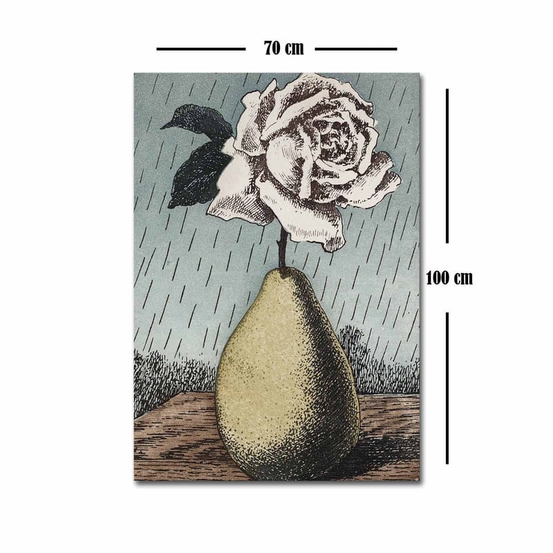 Canvastavla 70x100 cm - Stiliserad ros i en vas formad som en päron, omgiven av regndroppar - Grön / Rosa / Blå - Inredning - Tavlor & posters - Canvastavla