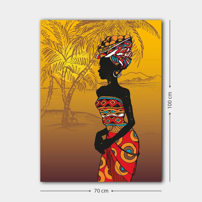 Canvastavla 70x100 cm - Stiliserad silhuett av en kvinna med traditionell klädsel och frukt på huvudet, omgiven av palmer i en solig miljö - Svart / Röd / Orange - Inredning - Tavlor & posters - Canvastavla