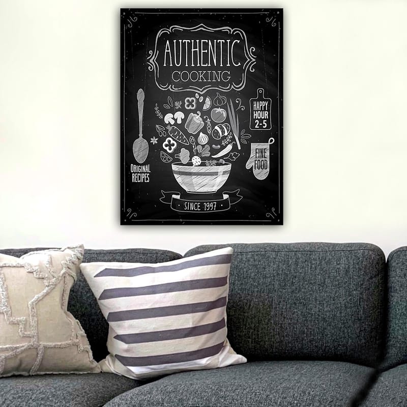 Canvastavla 70x100 cm - Stiliserad skål med olika grönsaker och ingredienser som symboliserar autentisk matlagning - Vit / Svart / Grå - Inredning - Tavlor & posters - Canvastavla