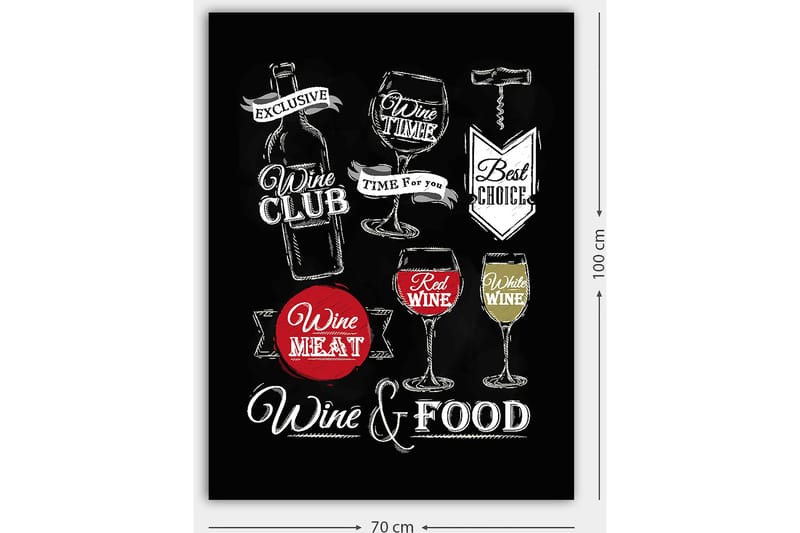 Canvastavla 70x100 cm - Stiliserad tavla med motiv av vin, glas och matrelaterade texter - Röd / Vit / Svart - Inredning - Tavlor & posters - Canvastavla