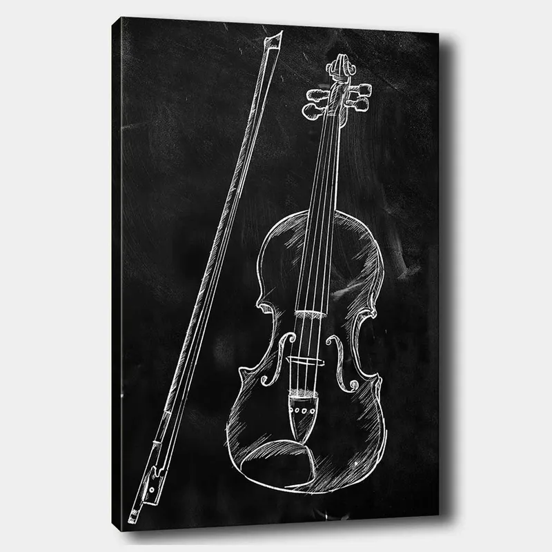 Canvastavla 70x100 cm - Stiliserad teckning av en fiol och en fiolpinne på en svart bakgrund, Vit / Svart