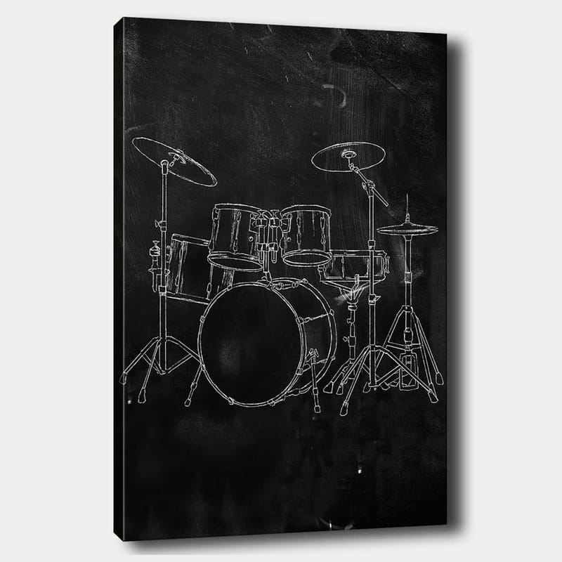 Canvastavla 70x100 cm - Stiliserad teckning av ett trumset på en svart bakgrund, Svart / Vitt