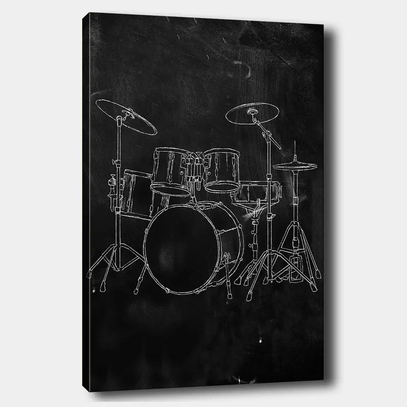 Canvastavla 70x100 cm - Stiliserad teckning av ett trumset på en svart bakgrund - Svart / Vitt - Inredning - Tavlor & posters - Canvastavla