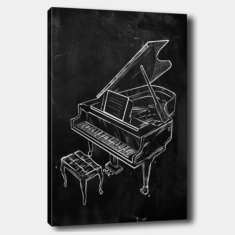 Canvastavla 70x100 cm - Stiliserad teckning av ett piano med en bänk - Vit / Svart - Inredning - Tavlor & posters - Canvastavla