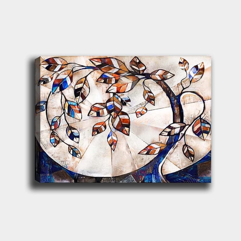 Canvastavla 70x100 cm - Stiliserad trädgren med färgglada löv som sträcker sig över en ljus bakgrund, Mörkblå / Orange / Vit