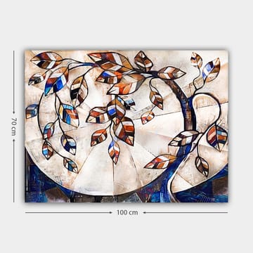 Canvastavla 70x100 cm - Stiliserad trädgren med färgglada löv som sträcker sig över en ljus bakgrund - Mörkblå / Orange / Vit - Inredning - Tavlor & posters - Canvastavla