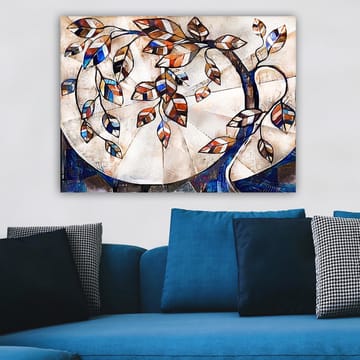 Canvastavla 70x100 cm - Stiliserad trädgren med färgglada löv som sträcker sig över en ljus bakgrund - Mörkblå / Orange / Vit - Inredning - Tavlor & posters - Canvastavla