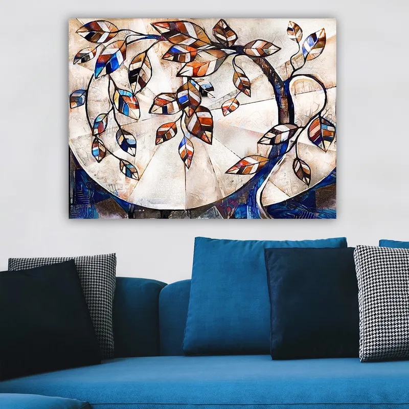 Canvastavla 70x100 cm - Stiliserad trädgren med färgglada löv som sträcker sig över en ljus bakgrund - Mörkblå / Orange / Vit - Inredning - Tavlor & posters - Canvastavla