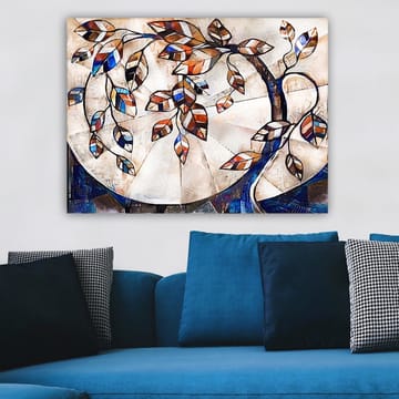 Canvastavla 70x100 cm - Stiliserad trädgren med färgglada löv som sträcker sig över en ljus bakgrund - Mörkblå / Orange / Vit - Inredning - Tavlor & posters - Canvastavla