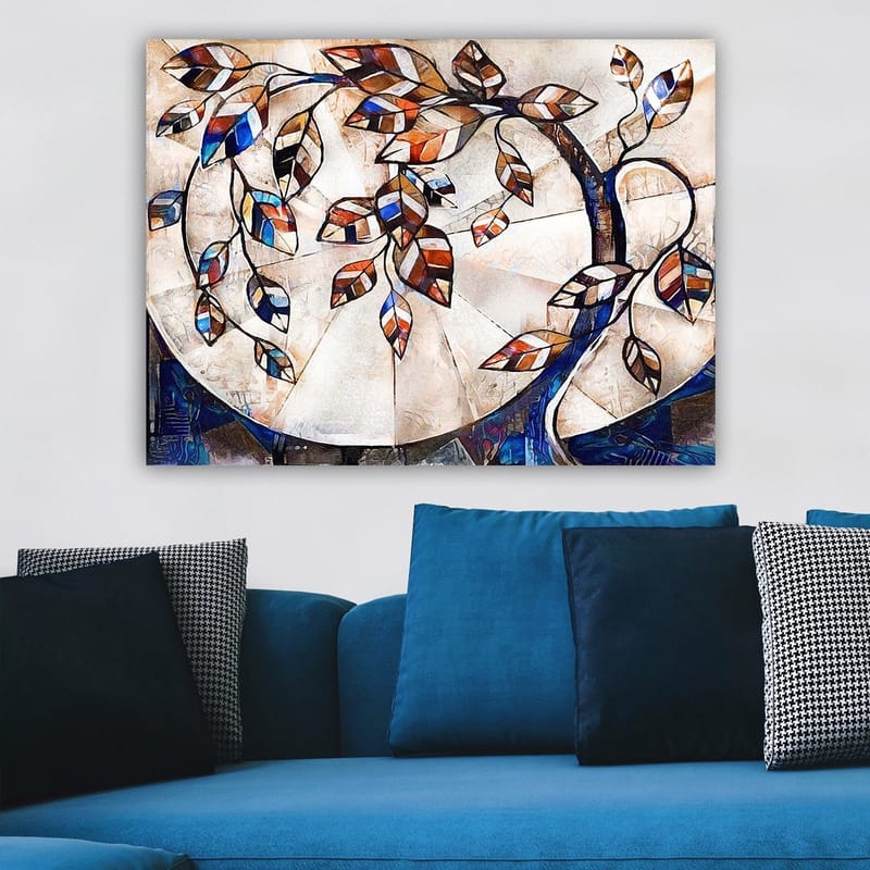 Canvastavla 70x100 cm - Stiliserad trädgren med färgglada löv som sträcker sig över en ljus bakgrund - Mörkblå / Orange / Vit - Inredning - Tavlor & posters - Canvastavla