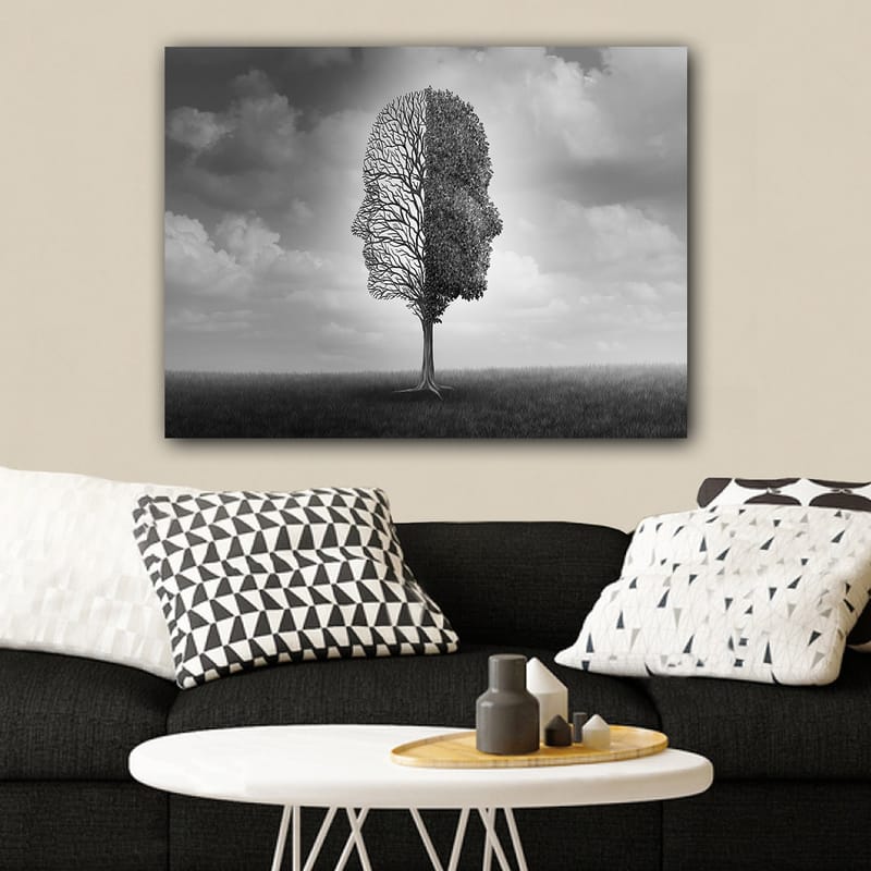 Canvastavla 70x100 cm - Stiliserad trädkonstruktion som formar en ansiktsprofil i svart och vitt - Svart / Vitt / Grått - Inredning - Tavlor & posters - Canvastavla