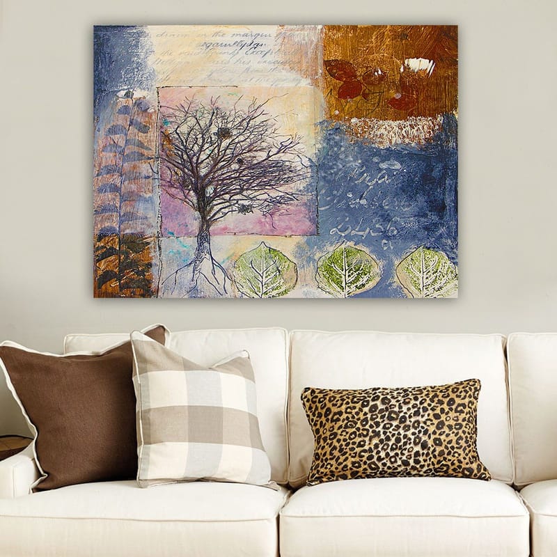 Canvastavla 70x100 cm - Stiliserad trädskulptur med rötter och blad i en färgglad komposition - Mörkblå / Brun / Grön - Inredning - Tavlor & posters - Canvastavla