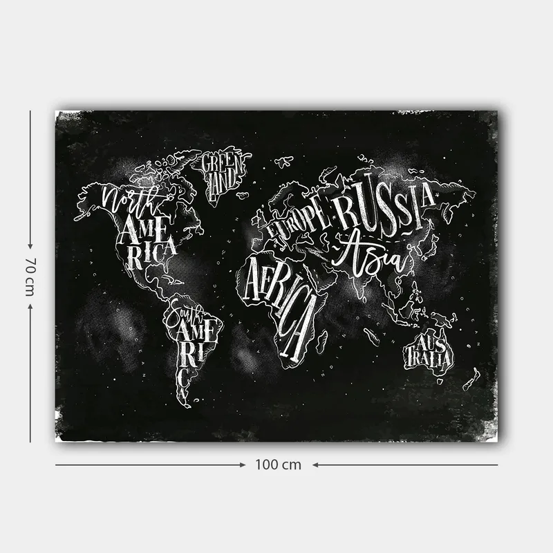 Canvastavla 70x100 cm - Stiliserad världskarta med geografiska namn i vit text mot en svart bakgrund - Svart / Vit - Inredning - Tavlor & posters - Canvastavla