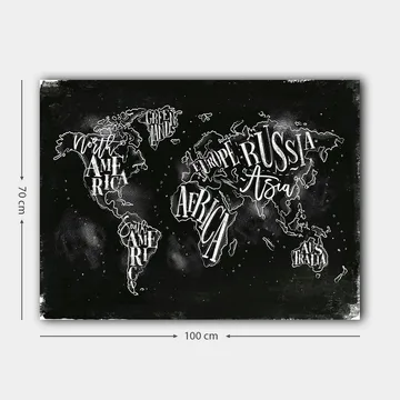 Canvastavla 70x100 cm - Stiliserad världskarta med geografiska namn i vit text mot en svart bakgrund - Svart / Vit - Inredning - Tavlor & posters - Canvastavla