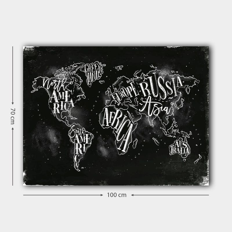 Canvastavla 70x100 cm - Stiliserad världskarta med geografiska namn i vit text mot en svart bakgrund - Svart / Vit - Inredning - Tavlor & posters - Canvastavla