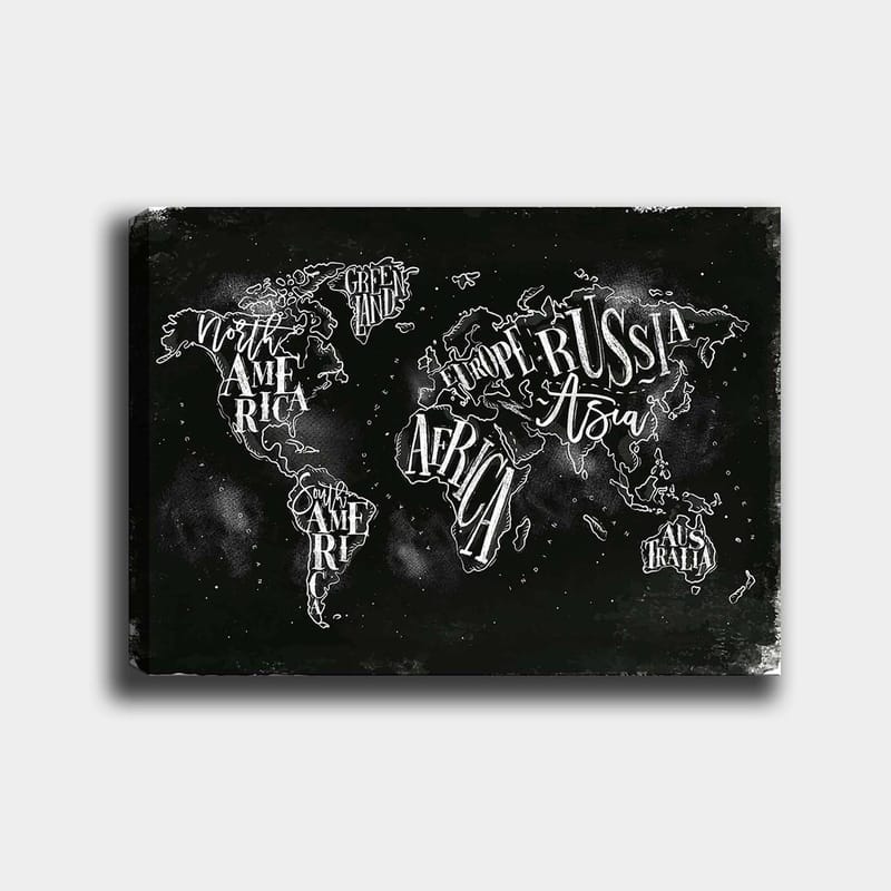 Canvastavla 70x100 cm - Stiliserad världskarta med geografiska namn i vit text mot en svart bakgrund, Svart / Vit