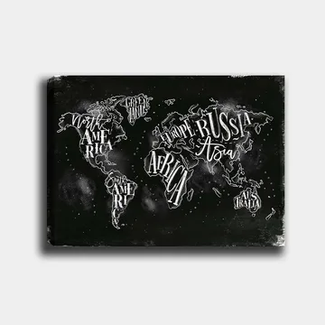 Canvastavla 70x100 cm - Stiliserad världskarta med geografiska namn i vit text mot en svart bakgrund - Svart / Vit - Inredning - Tavlor & posters - Canvastavla