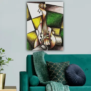 Canvastavla 70x100 cm - Stiliserad violin i en färgglad komposition - Grön / Gul / Brun - Inredning - Tavlor & posters - Canvastavla