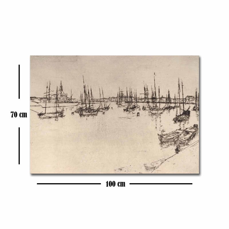 Canvastavla 70x100 cm - Stiliserad vy av en hamn med båtar och mastar i silhuett - Svart / Beige - Inredning - Tavlor & posters - Canvastavla