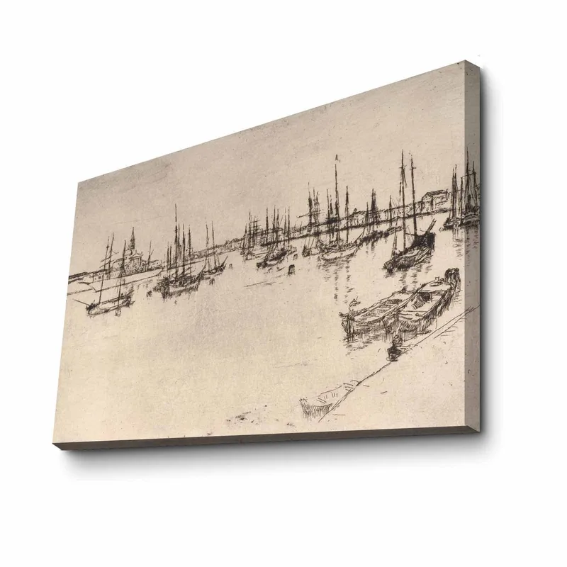 Canvastavla 70x100 cm - Stiliserad vy av en hamn med båtar och mastar i silhuett - Svart / Beige - Inredning - Tavlor & posters - Canvastavla