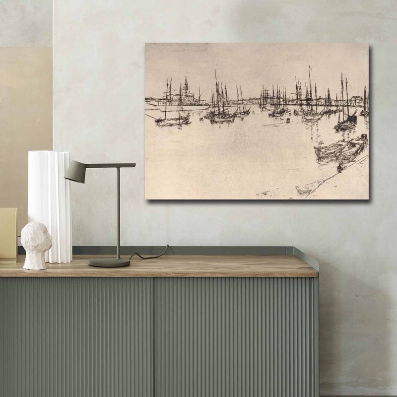 Canvastavla 70x100 cm - Stiliserad vy av en hamn med båtar och mastar i silhuett - Svart / Beige - Inredning - Tavlor & posters - Canvastavla