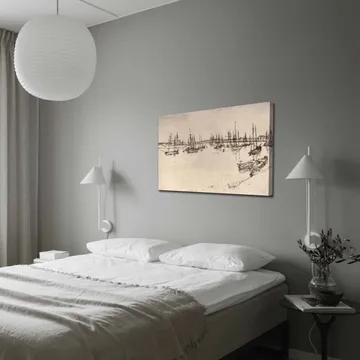 Canvastavla 70x100 cm - Stiliserad vy av en hamn med båtar och mastar i silhuett - Svart / Beige - Inredning - Tavlor & posters - Canvastavla